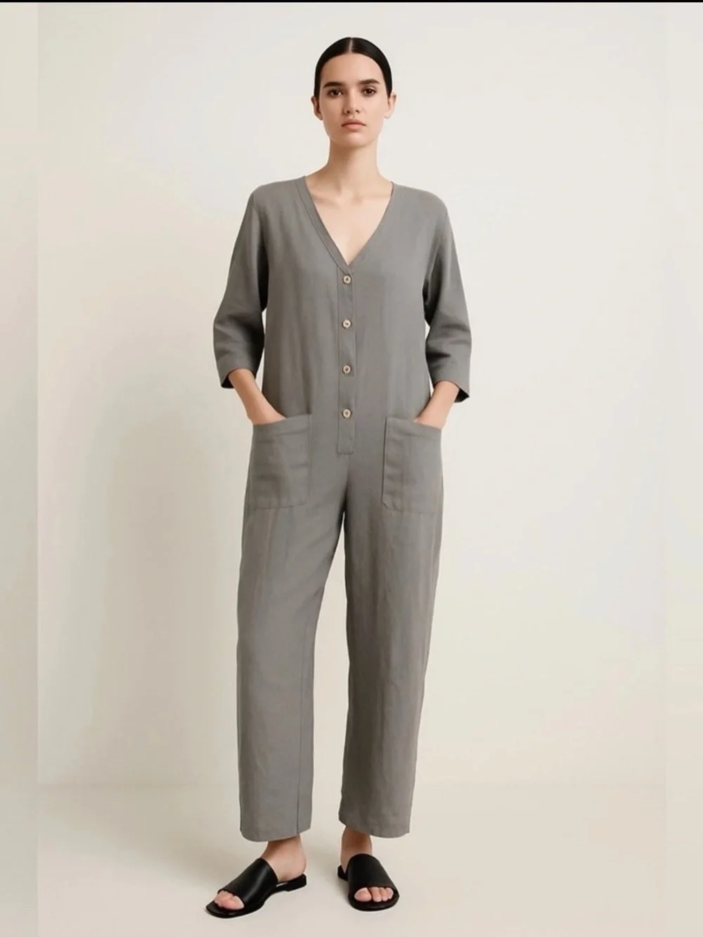 NWOT Zara Women’s 100% Linen Button Front Grey Minimalist Jumpsuit Medium